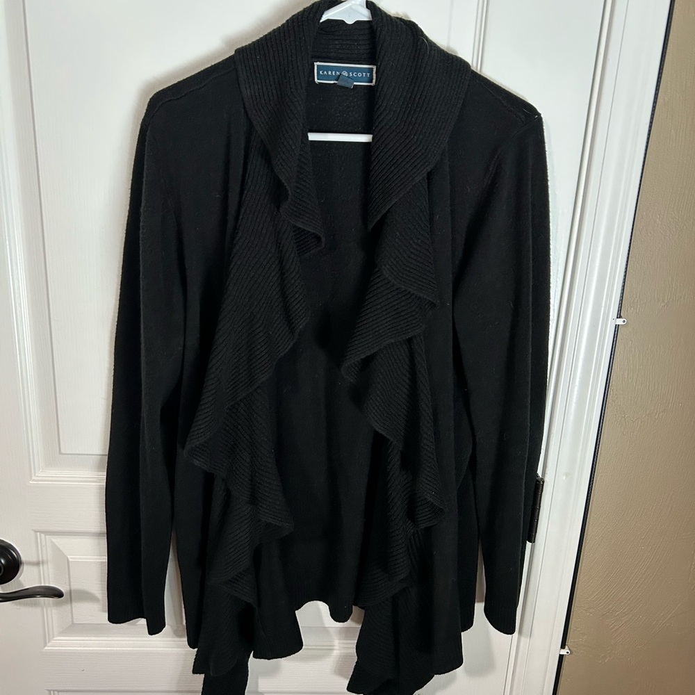 Karen Scott Women's Black Ruffle Cardigan 1XL